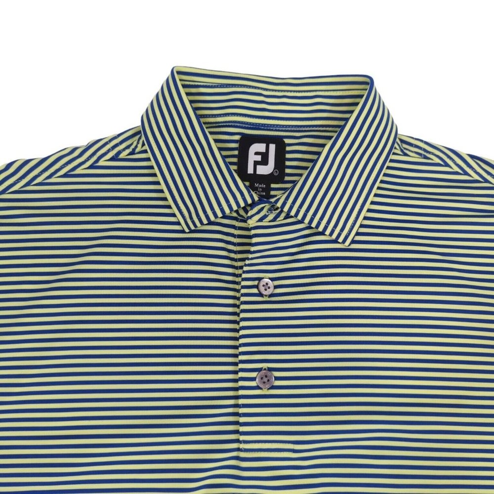 Footjoy FJ Men's Blue Neon Yellow Striped Short Sleeve Golf Polo Shirt Size L